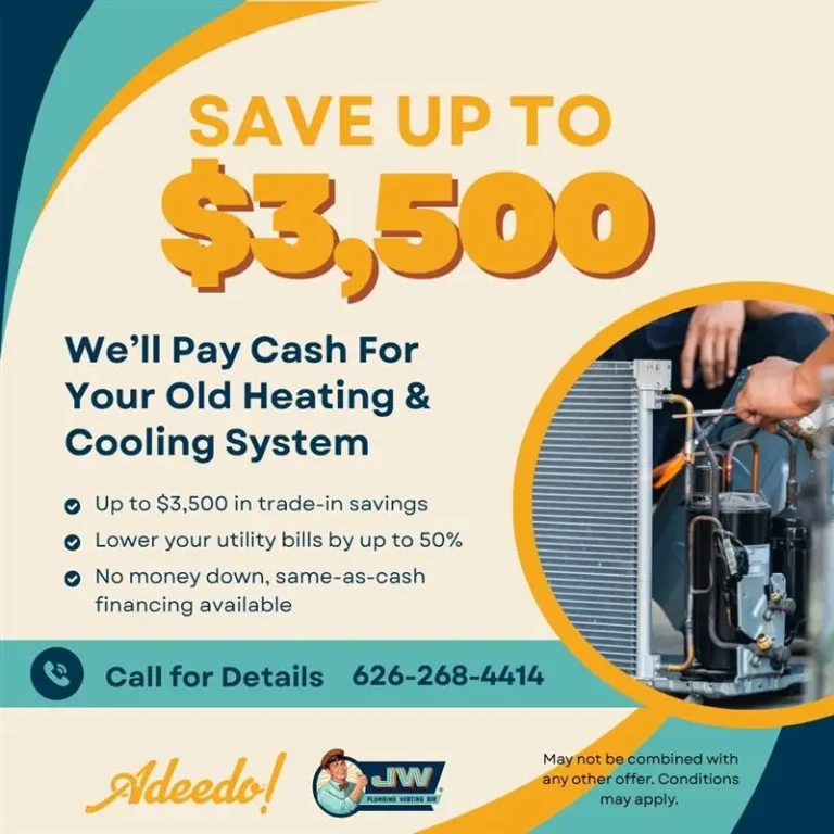 Advertisement offering up to $3,500 for old heating and cooling systems, with trade-in savings, utility bill reduction, and payment options. Includes contact number and company logos.