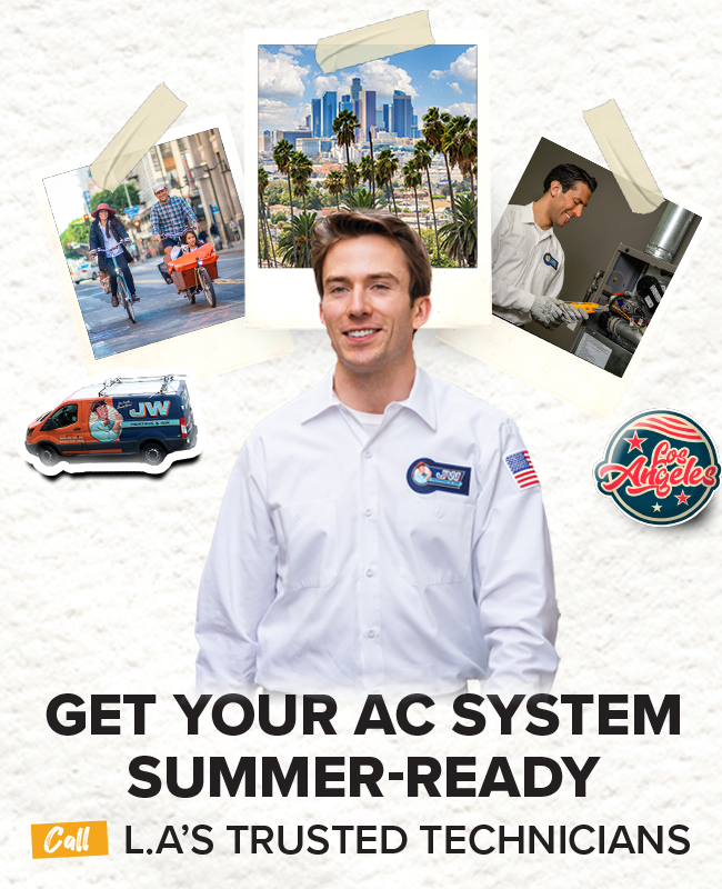 Summer Ready | Jw Heating &Amp; Air A Collage Featuring A Technician, City Scenes, A Van, And A Los Angeles Sticker. Text Reads: &Quot;Get Your Ac System Summer-Ready. Call L.a.'S Trusted Technicians.
