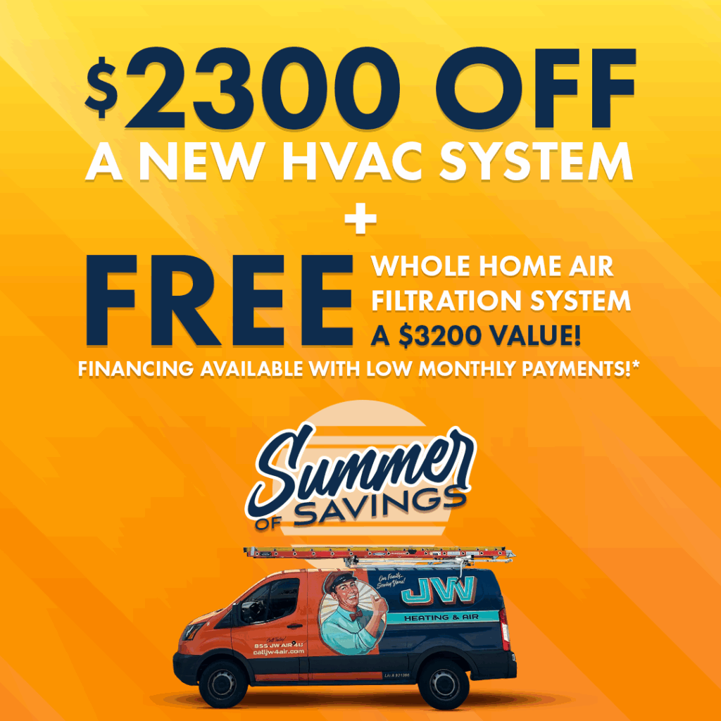Summer Of Savings | Jw Heating &Amp; Air Promotional Ad Offering $2300 Off A New Hvac System And A Free Whole Home Air Filtration System, With Financing Available. Jw Heating &Amp; Air Van At The Bottom. Summer Of Savings Theme.