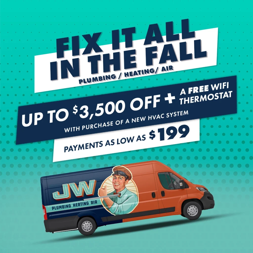 Promotional Graphic For Jw Plumbing, Heating, And Air Advertises Fall Hvac Deals: Up To $3,500 Off, A Free Wifi Thermostat, And Payments From $199. Includes Van With Company Logo.