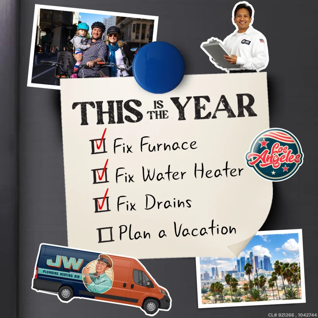 A checklist pinned to a board lists home repairs with checkmarks, a family, service worker, van, and Los Angeles-themed images surrounding it.