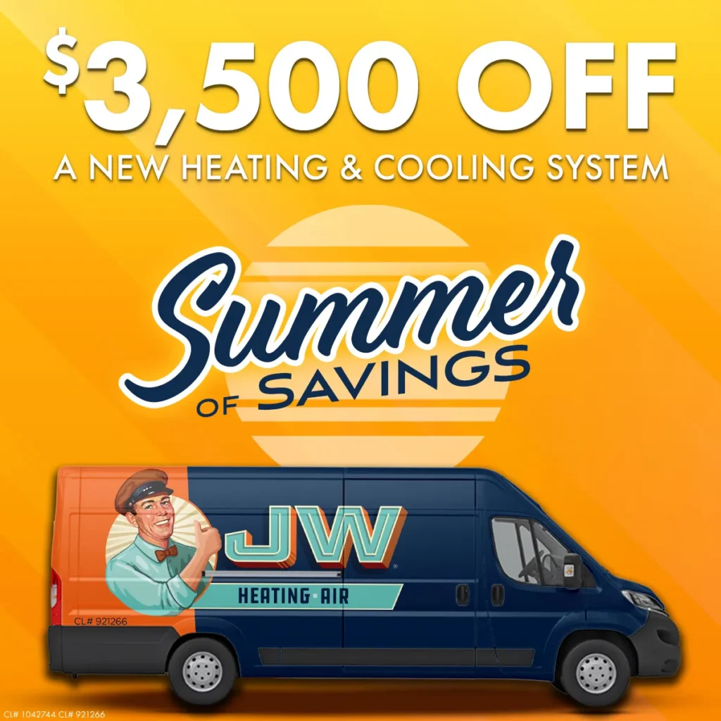 $3,500 Off A New Heating And Cooling System Promotion, Featuring A Jw Heating &Amp; Air Van And A &Quot;Summer Of Savings&Quot; Graphic With A Yellow Sun Background.
