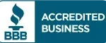 Better Business Bureau Accredited Business Logo With A Blue Background And White Torch Symbol, Indicating Bbb Accreditation Status.
